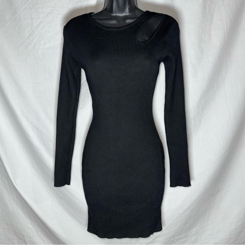 Black Ribbed Knit Mini Long Sleeve Dress with Asymmetric Shoulder Cut-out Detail